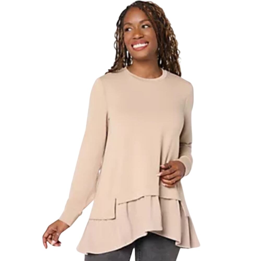 Logo lounge Layered Ruffle Hem Long-Sleeve Top in Beige
